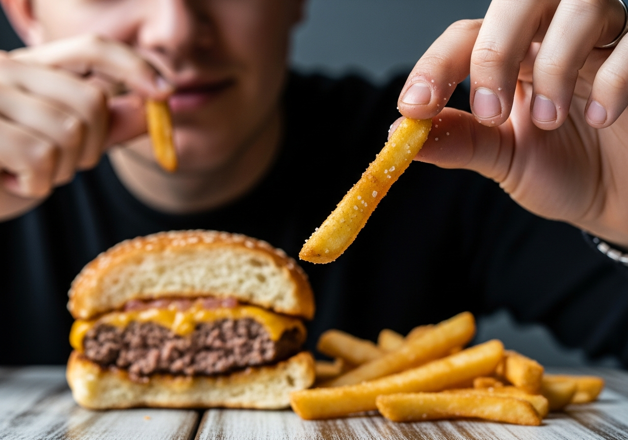 A close-up, slightly blurry shot of a person's hand reaching for a greasy french fry, with a half-eaten burger in the background, a faint smile on their face, implying a moment of pure, unoptimized pleasure.