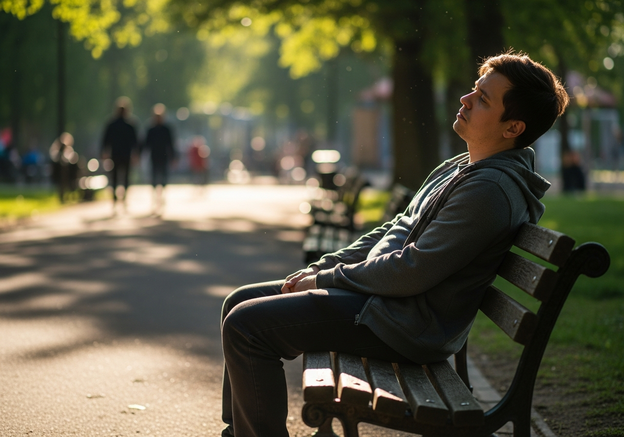 A person sitting alone on a park bench, looking distant, perhaps tired, despite a sunny day around them. Their posture is slumped, suggesting a moment of quiet reflection or exhaustion amidst a bustling background.
