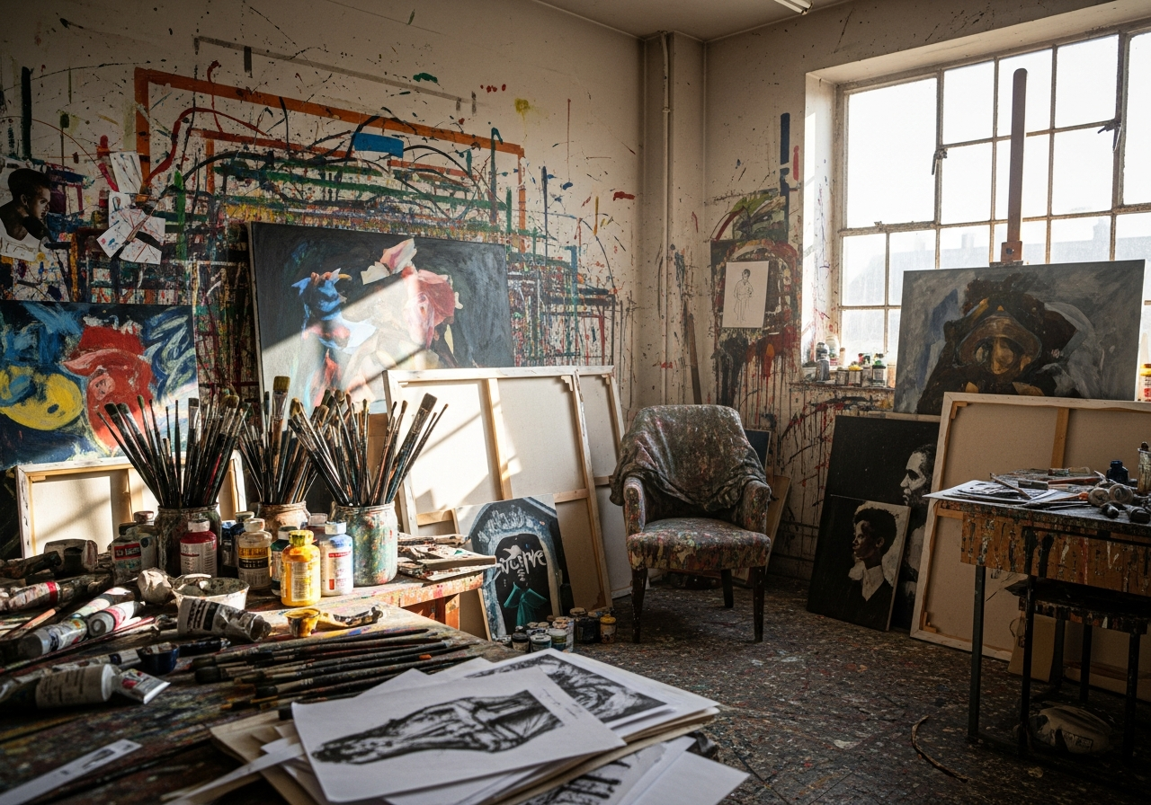 A messy artist's studio, paint splatters everywhere, brushes scattered, half-finished canvases, but with a vibrant light streaming in from a window, suggesting creativity and spontaneous energy rather than order.