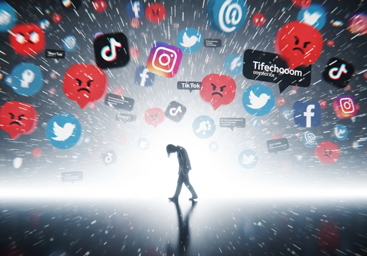 A solitary figure, head bowed, walking through a blinding white digital storm, their silhouette barely visible amidst flickering social media icons and angry comment bubbles. The storm seems to be pushing them down.