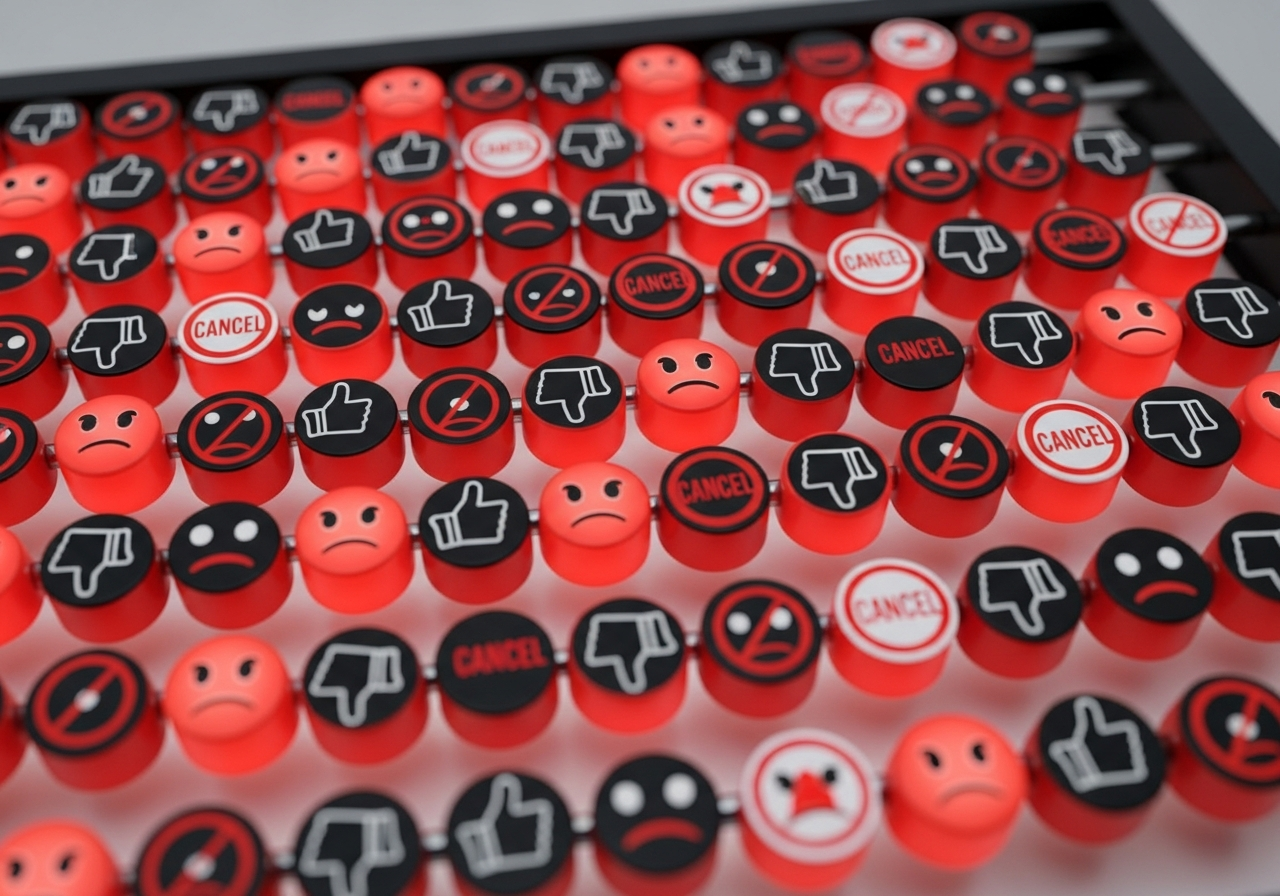 A digital abacus, but instead of beads, the rows are filled with tiny, glowing angry emojis, thumbs down icons, and "cancel" symbols, meticulously arranged but threatening to spill over.