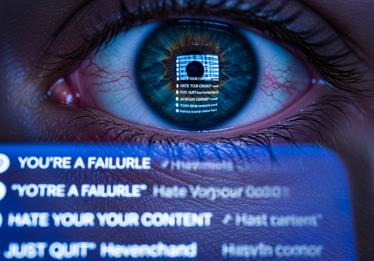 A close-up of a human eye, bloodshot and tired, reflecting the glaring blue light of a smartphone screen showing a barrage of negative comments.