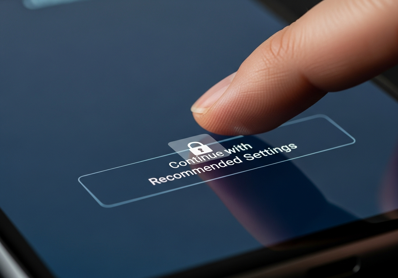 A close-up, slightly out-of-focus shot of a finger hovering over a "Continue with Recommended Settings" button on a smartphone screen, with a faint, almost subliminal image of a tiny padlock symbol layered over the button.