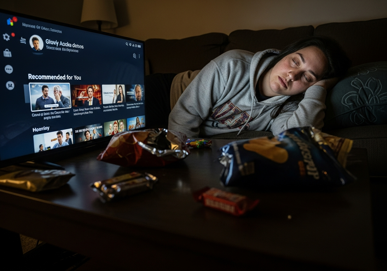 A dimly lit room with a person slumped on a sofa, eyes glazed over, staring at a bright screen showing a generic streaming service interface with a prominent "Recommended for You" section. Empty snack wrappers are scattered nearby.