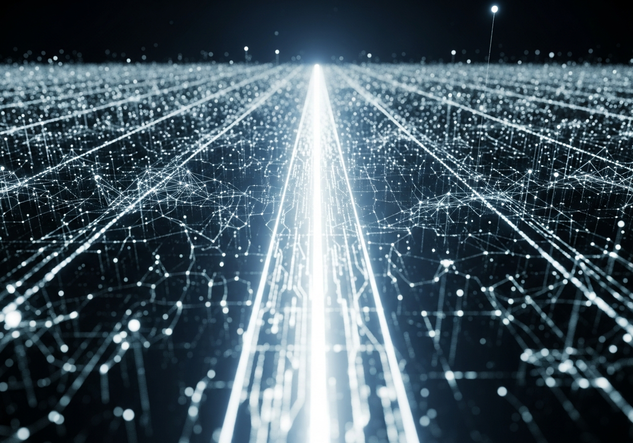 An abstract representation of a complex network of interconnected nodes and lines, with a single, prominent, brightly lit path leading directly through the center, while other paths are dim and obscured.