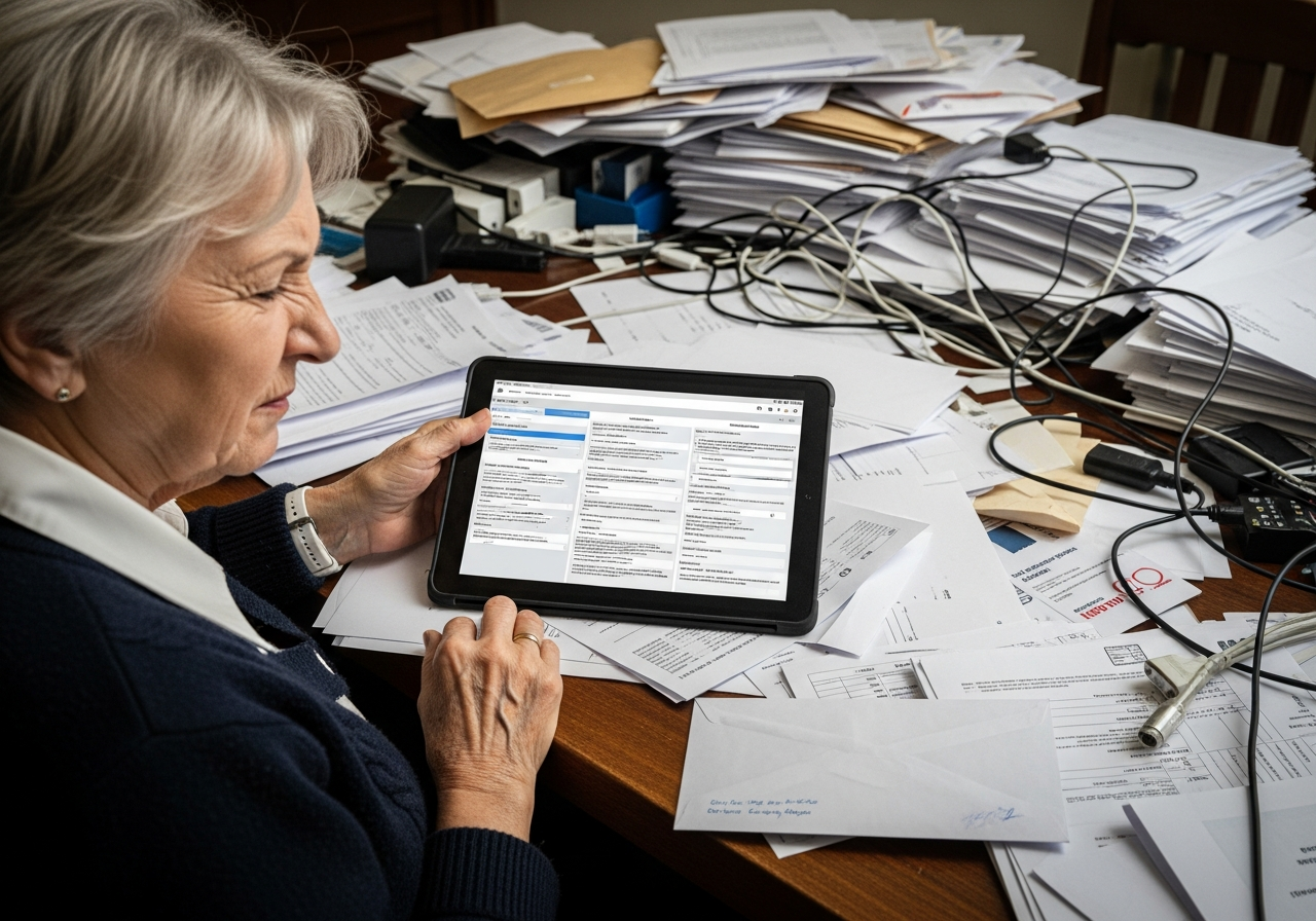 A frustrated elderly woman squinting at a complex digital form on a tablet, surrounded by tangled cables and overflowing paper documents on a cluttered desk, reflecting the overwhelming nature of modern bureaucracy.