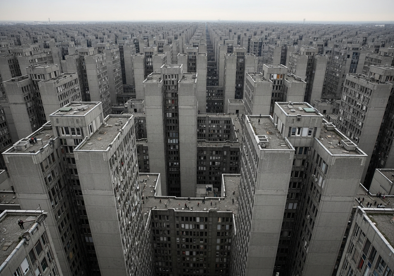 A surreal depiction of a labyrinth made of towering, identical grey government buildings with small, closed windows, and tiny human figures lost within its endless corridors, under a cold, overcast sky.