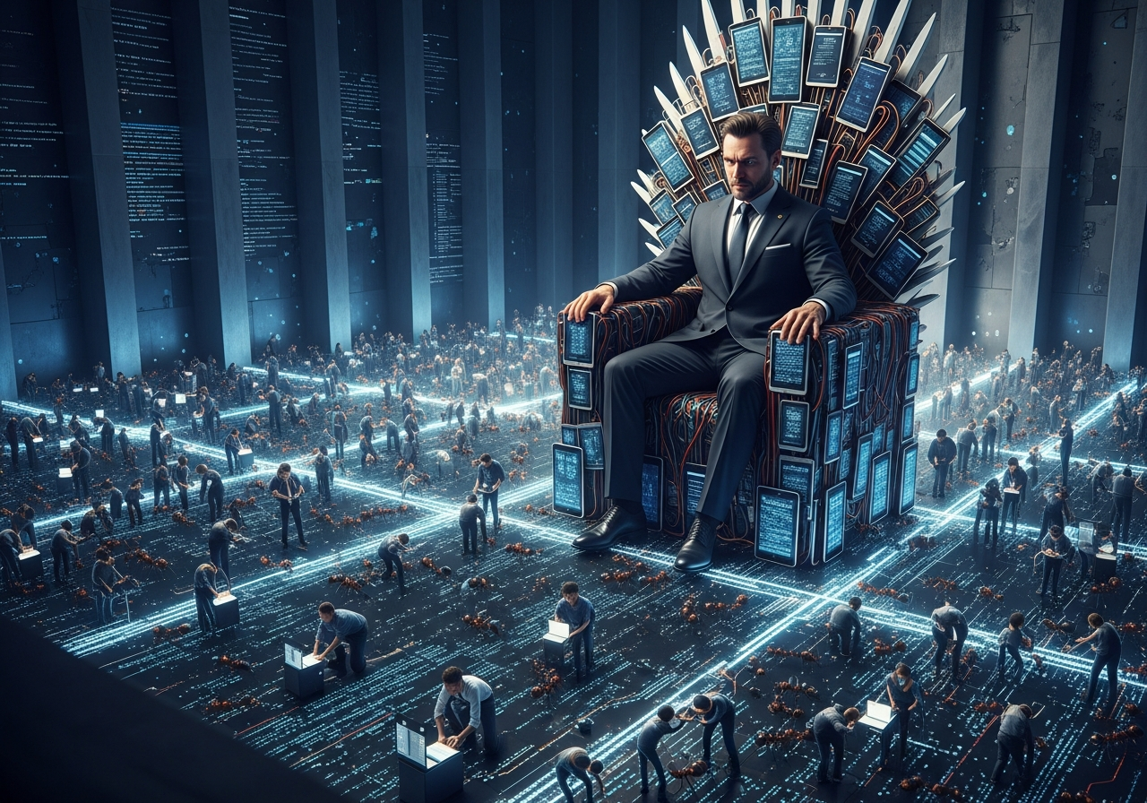 A digital feudal lord sitting on a throne made of smartphones and tablets, looking down upon tiny figures of developers toiling in fields of code, all enclosed within a walled garden.