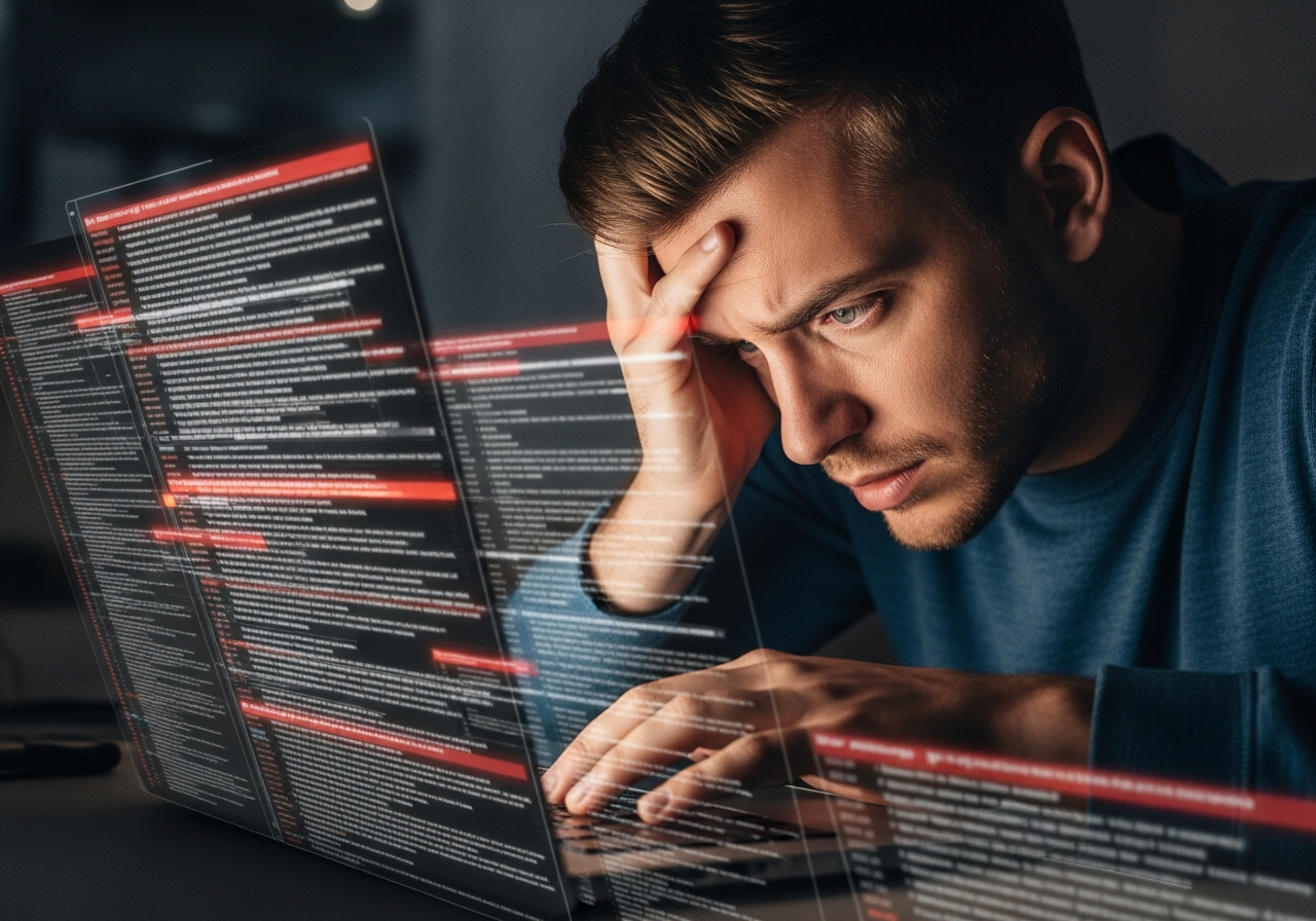 A developer in a dimly lit room, hunched over a laptop, with multiple error messages and policy documents flooding their screen, looking frustrated and defeated.