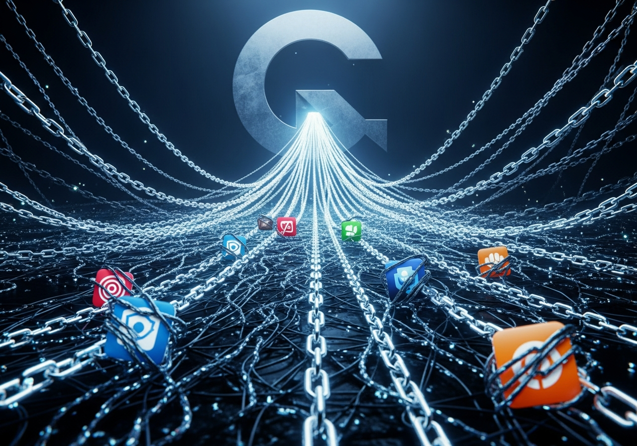 A tangled web of interconnected digital chains, some leading to a single, monolithic corporate logo, others ensnaring small, struggling icons representing independent apps.