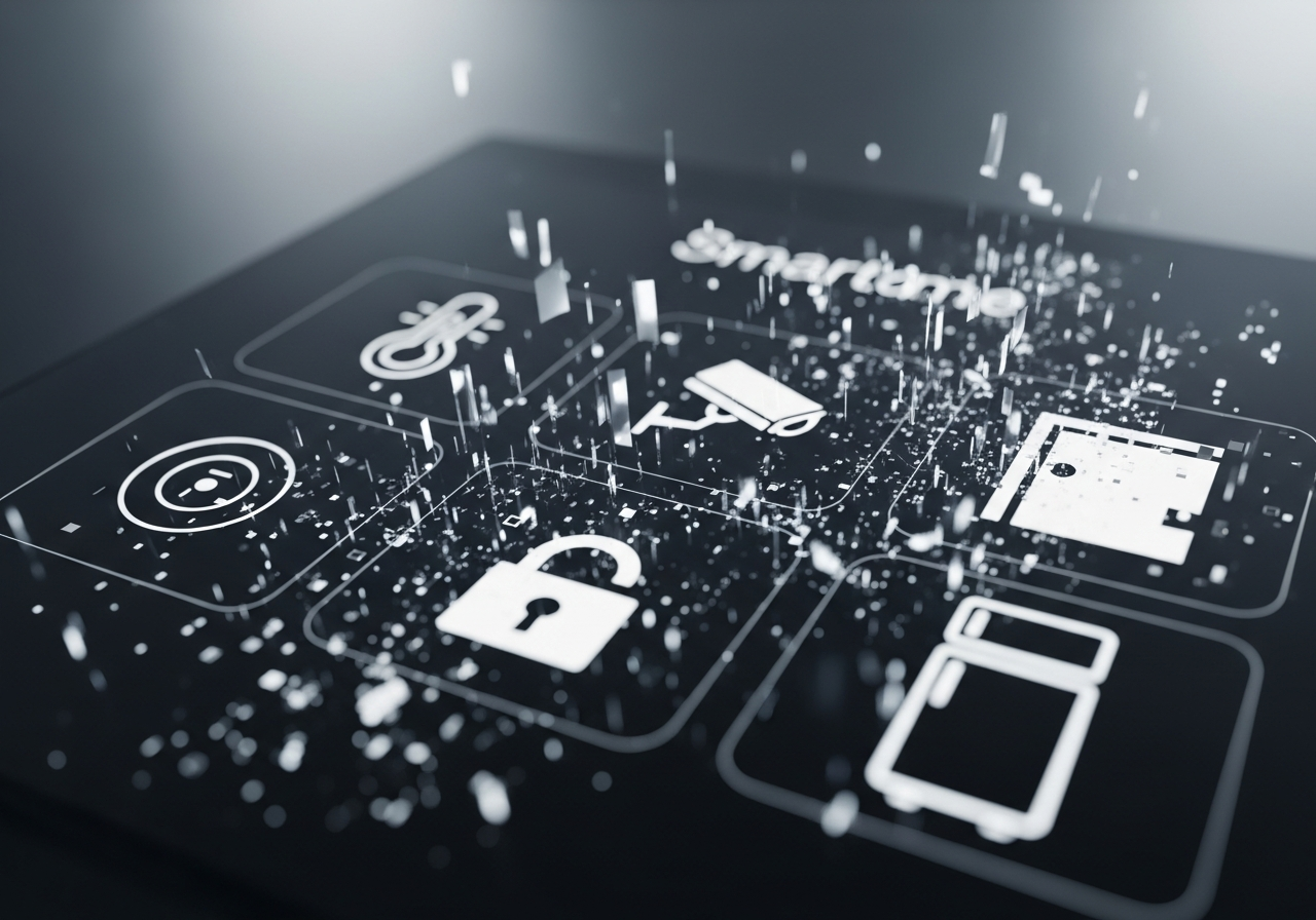 A distorted, glitchy image of a smart home interface with various icons (thermostat, camera, lock, refrigerator) appearing to break apart into digital fragments, suggesting vulnerability.