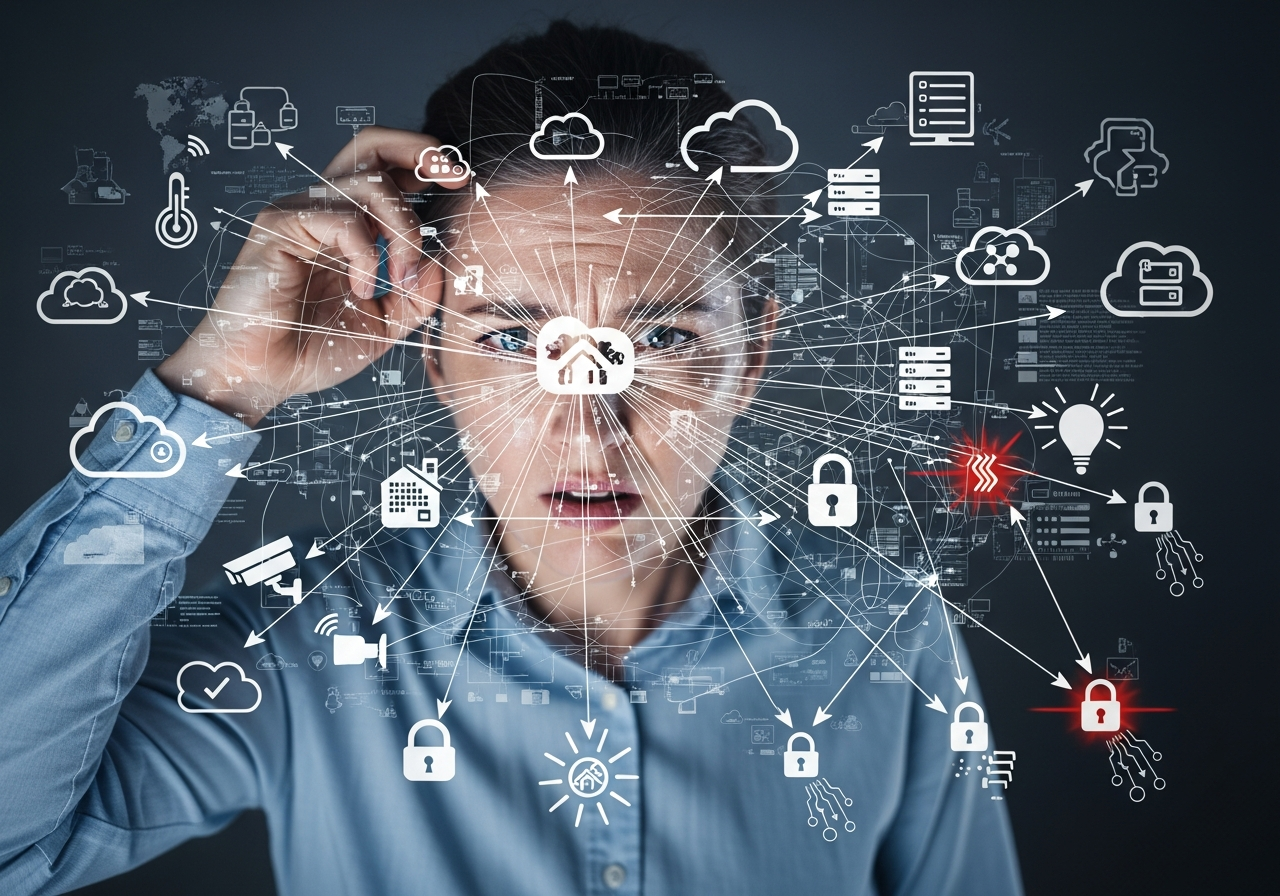 A bewildered individual looking at a confusing diagram of interconnected smart home devices, with arrows pointing to various cloud servers and data points, symbolizing the complexity and potential vulnerability of IoT networks.