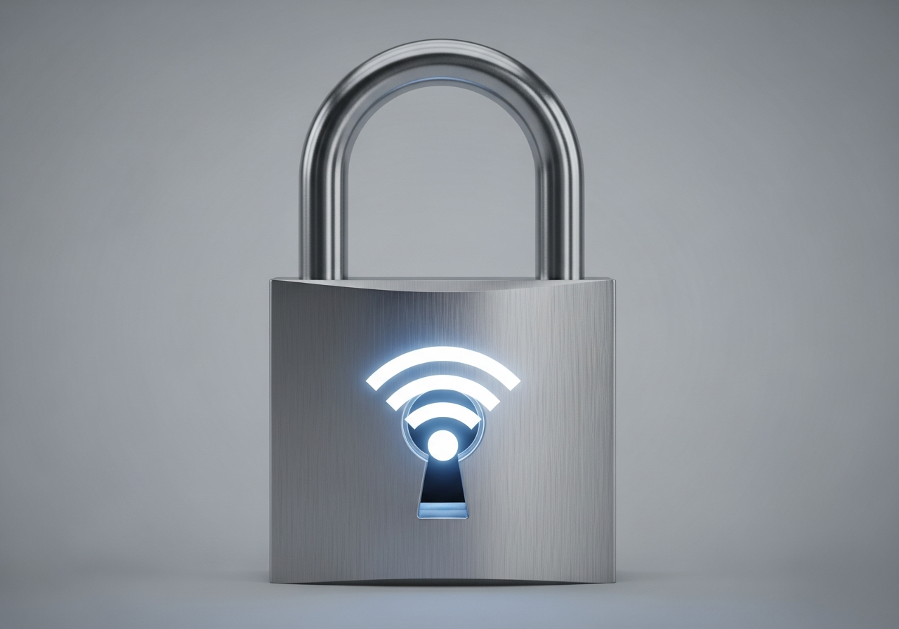 A stark, minimalist depiction of a padlock icon, but instead of a keyhole, it has a Wi-Fi symbol, emphasizing the digital vulnerability of physical security.
