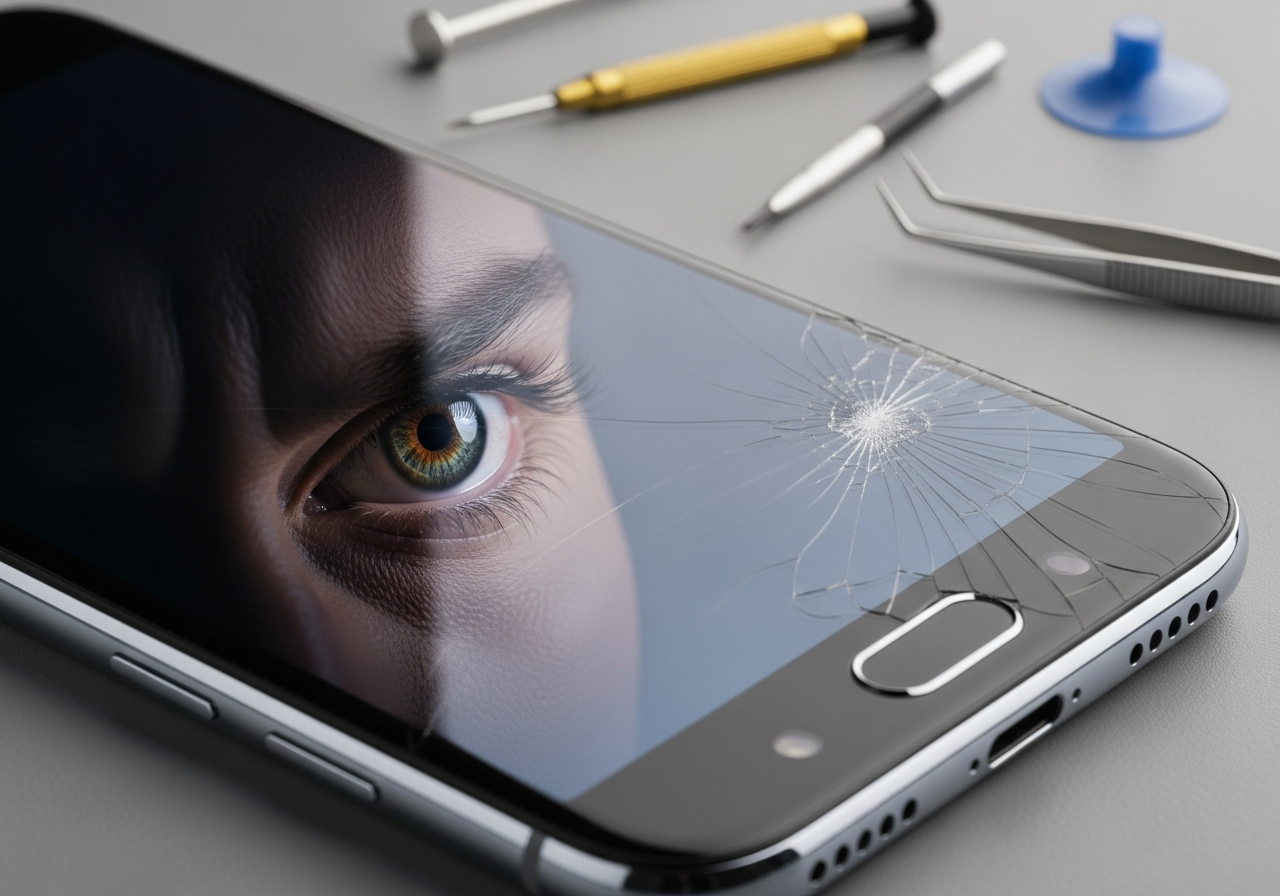 A close-up shot of a modern smartphone with a slightly cracked screen, reflecting a tiny, frustrated human eye looking back at it. The background is a blurry, sterile workbench with tiny tools.