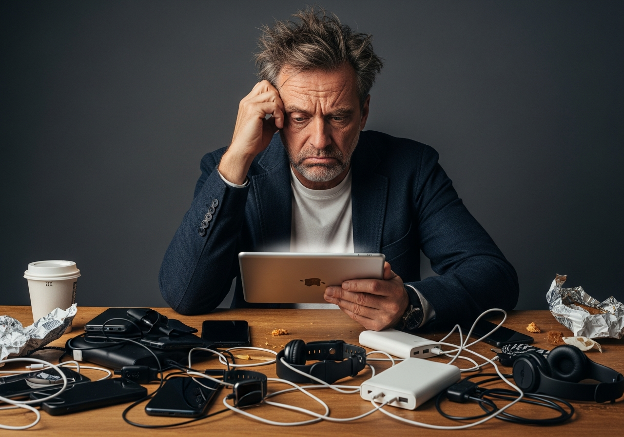 A dishevelled, slightly stressed man (Memduh Biçer) is sitting at a desk overflowing with various gadgets, cables, and half-eaten snacks. He is looking intently at a tablet, but his expression suggests deep thought and slight annoyance.