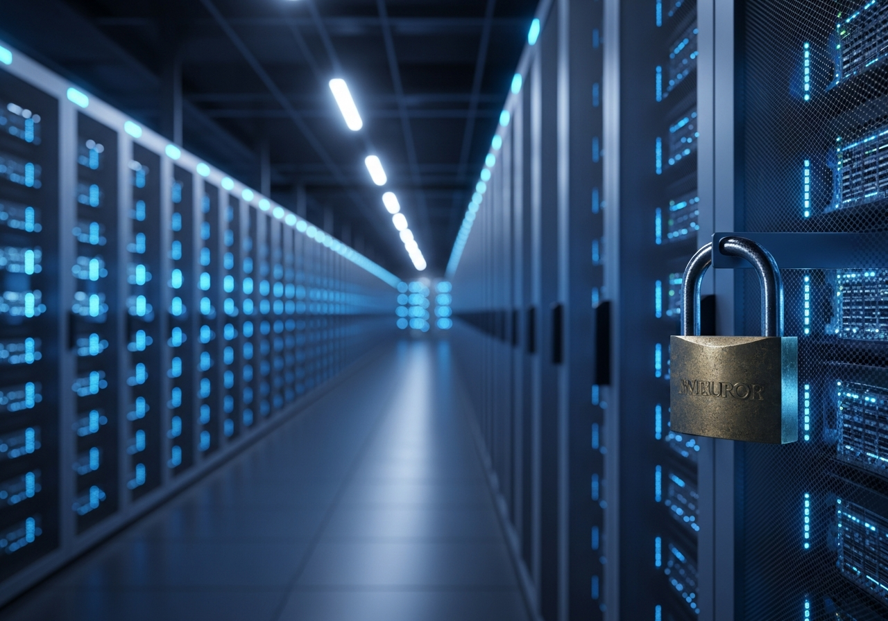 A wide shot of a futuristic data center with rows of glowing servers, but with a single, small, old-fashioned padlock hanging incongruously on one of the server racks, symbolizing an ironic lack of control.