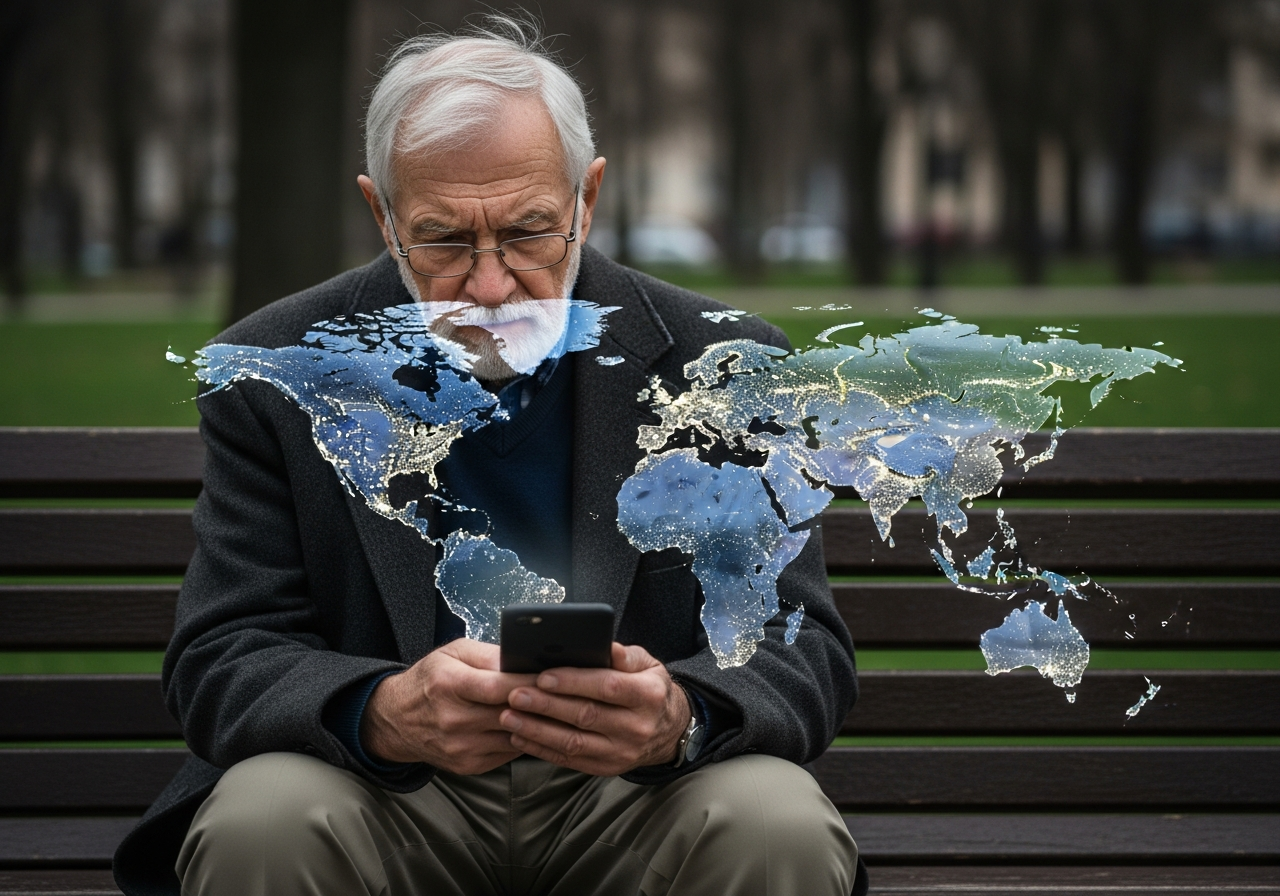 A lonely old man sitting on a park bench, looking at his smartphone with a slight frown, while a world map is subtly overlaid on the screen of the phone, showing all continents brightly lit up as if completely surveyed. The man's face should reflect a mix of boredom and longing.