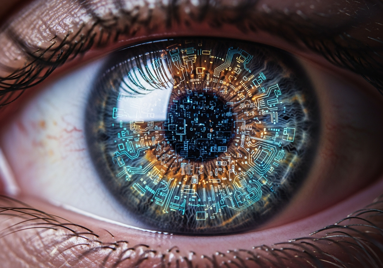 A close-up of a human eye, but instead of a reflection, the pupil reflects a complex, chaotic network of digital lines and symbols, almost like a circuit board, hinting at a lost sense of wonder.