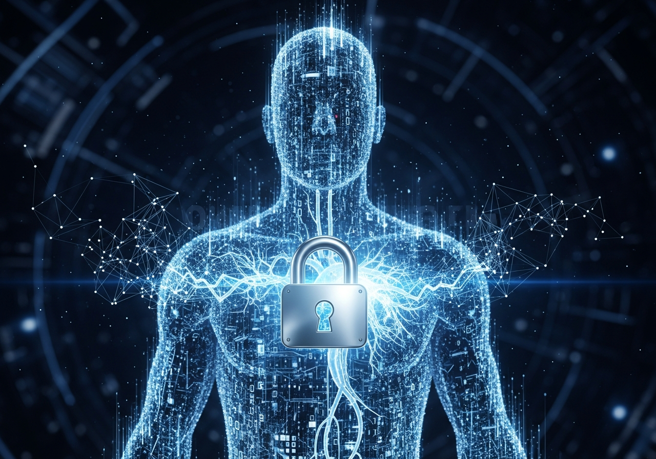 A stylized, futuristic human silhouette made of glowing data points and lines, with a large padlock icon over the heart area, suggesting data security concerns.