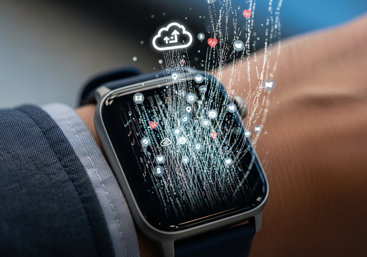 A person's wrist wearing a sleek smartwatch, but instead of the time, the screen displays complex, unreadable lines of code and fragmented personal data (e.g., small heart icons, sleep patterns, location pins) flowing upwards into a cloud.