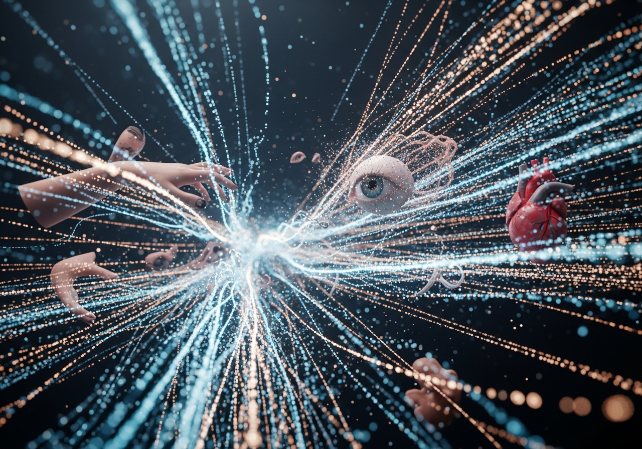 A chaotic, abstract representation of data flowing, with various human body parts (like a hand, an eye, a heart) subtly integrated into the data stream, suggesting a loss of individual control over personal biological information.