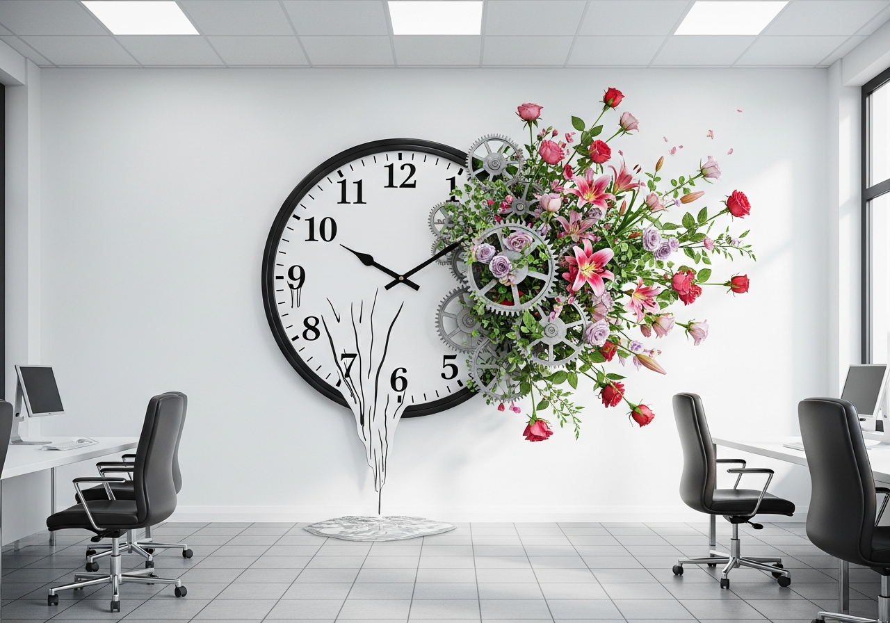 A surreal painting of a clock with melting numbers and gears turning into blooming flowers, set against a backdrop of a sterile, minimalist office space, highlighting the conflict between time/efficiency and organic beauty.