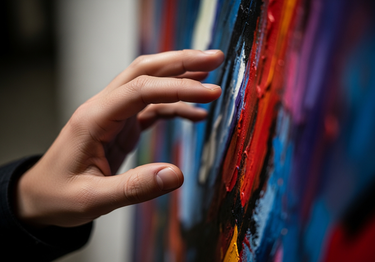A person's hand reaching out towards a vibrant, abstract painting, their fingers almost touching the canvas. The background is blurred, suggesting the person is lost in contemplation, disconnected from the surrounding world.