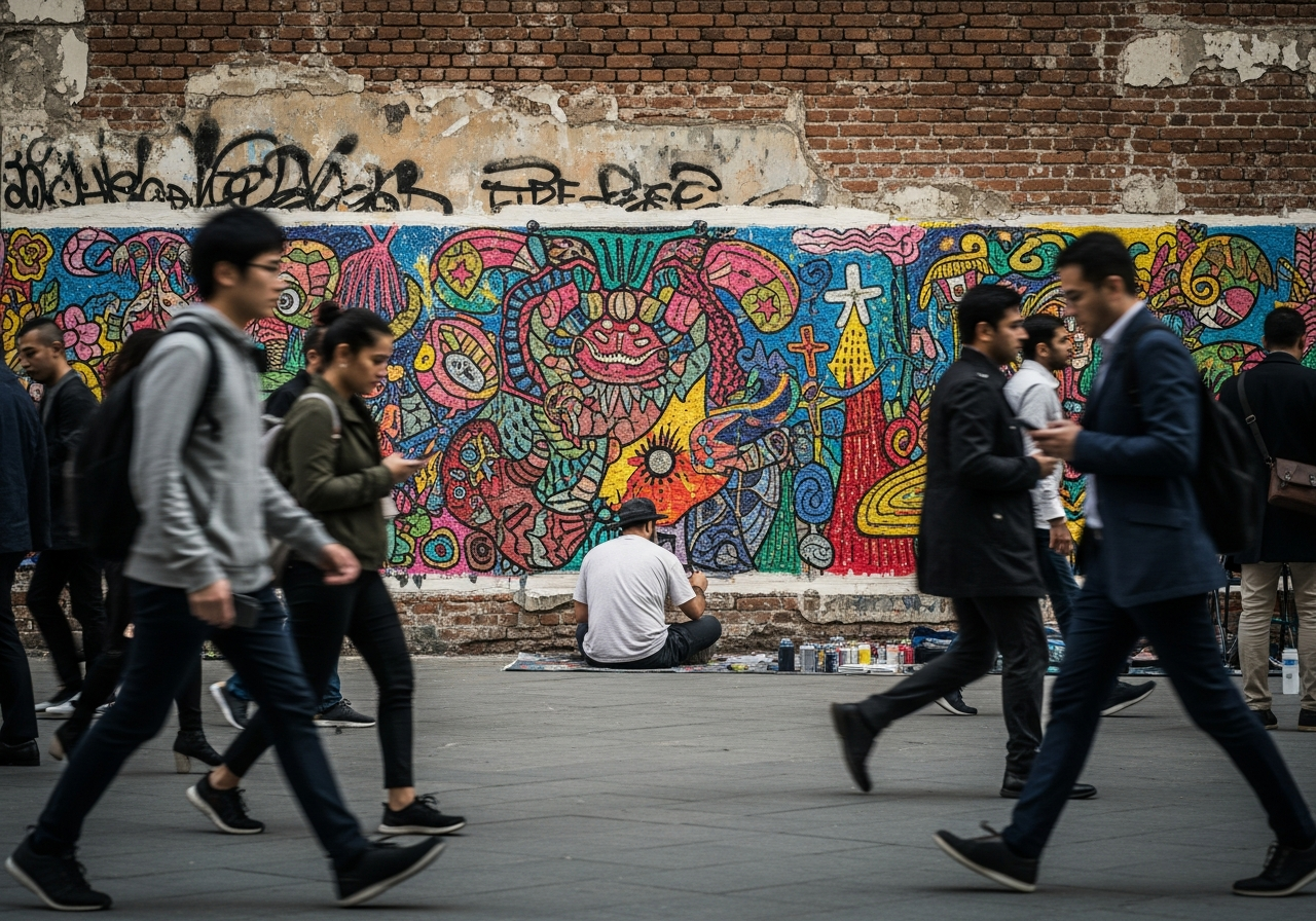 A street artist sitting alone amidst a bustling city square, painting a vibrant mural on a dilapidated wall. Passersby are mostly ignoring him, engrossed in their phones or rushing past, symbolizing the modern world's indifference to 'useless' beauty.