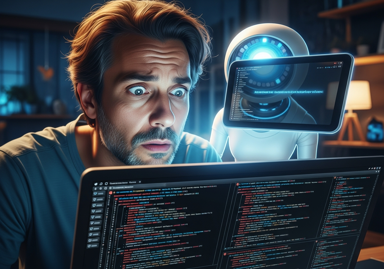 A confused software engineer with disheveled hair, staring intently at a laptop screen filled with colorful lines of code, while a futuristic, glowing AI assistant hovers nearby, displaying a single, perfectly written line of code on its own screen. The engineer's face shows a mix of awe and existential dread.