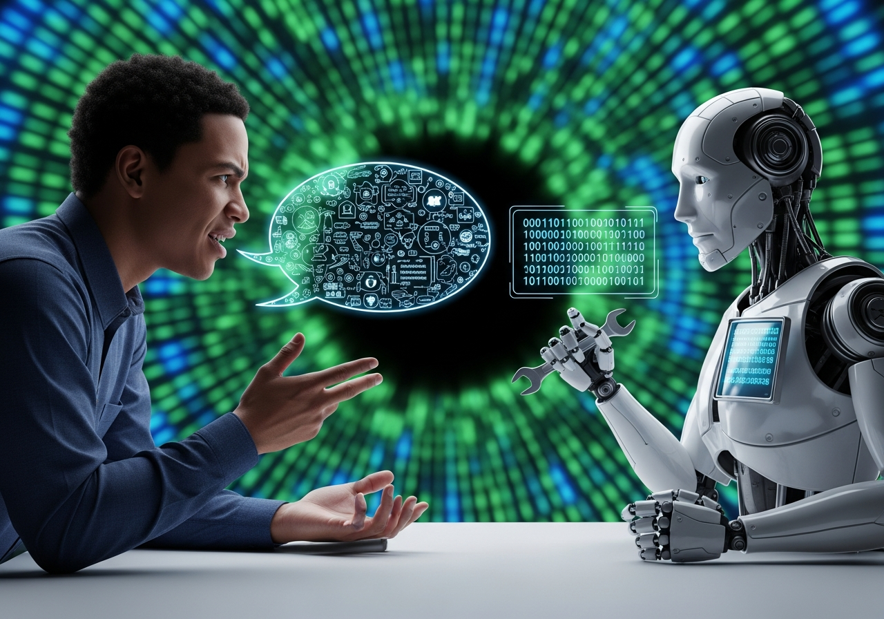 A whimsical illustration of a person with a speech bubble filled with complex, flowing text, attempting to communicate with a stoic, metallic robot who holds a tiny wrench and a very simple block of code. The background is a swirling vortex of binary data.
