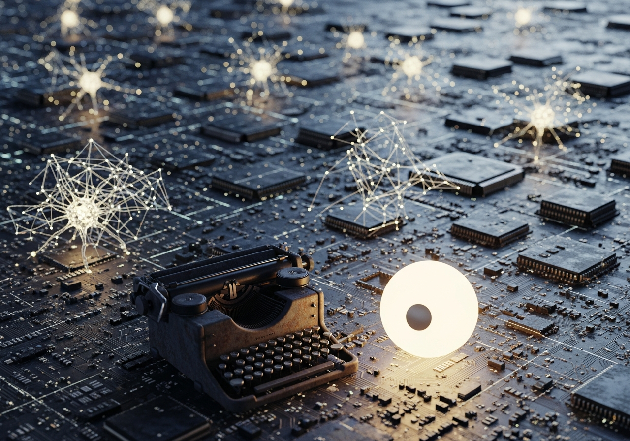 A surreal depiction of a vast, digital landscape where traditional computer circuit boards are slowly being overgrown by glowing, ethereal neural networks. In the foreground, a single, rusty, manual typewriter sits abandoned, its keys covered in dust, next to a sleek, minimalist glowing orb.