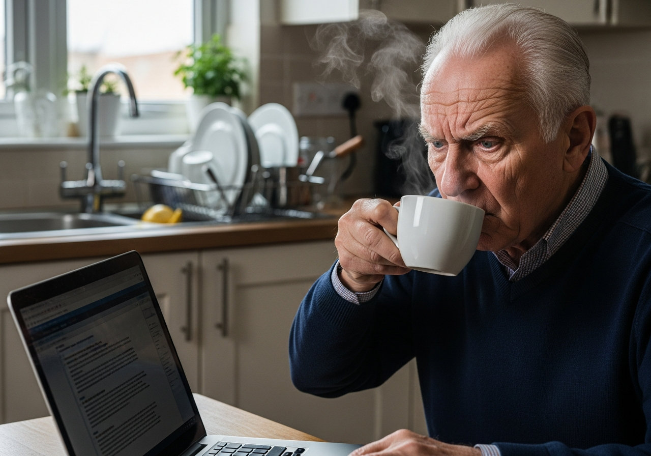 An old man, Sefa, with a furrowed brow, sips from a steaming coffee cup, looking thoughtfully but somewhat exasperatedly at his laptop screen. The kitchen behind him is slightly messy, with unwashed dishes in the sink.