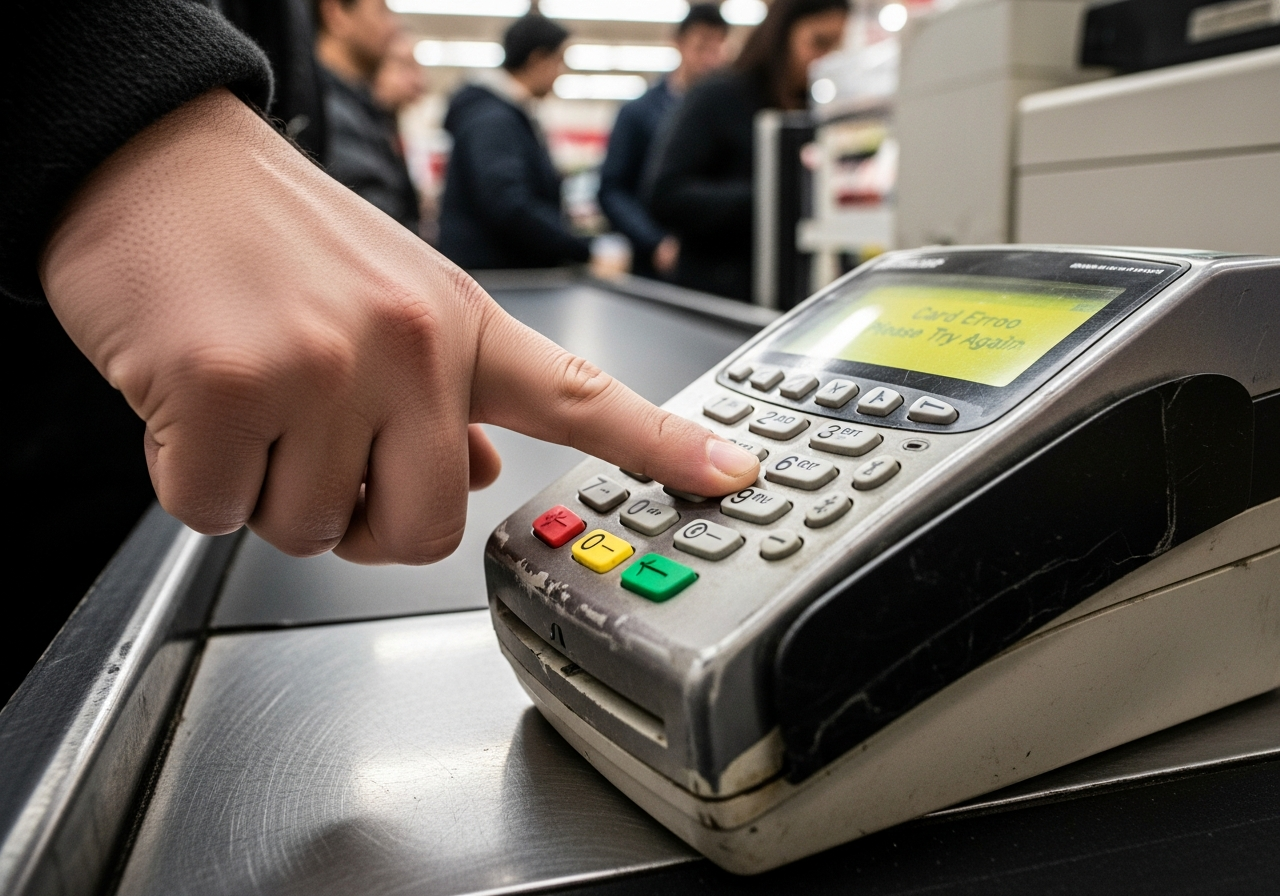 A person's hand is vigorously tapping the side of an old, somewhat worn credit card machine on a grocery store counter. The background is slightly blurred, showing other customers waiting in line.