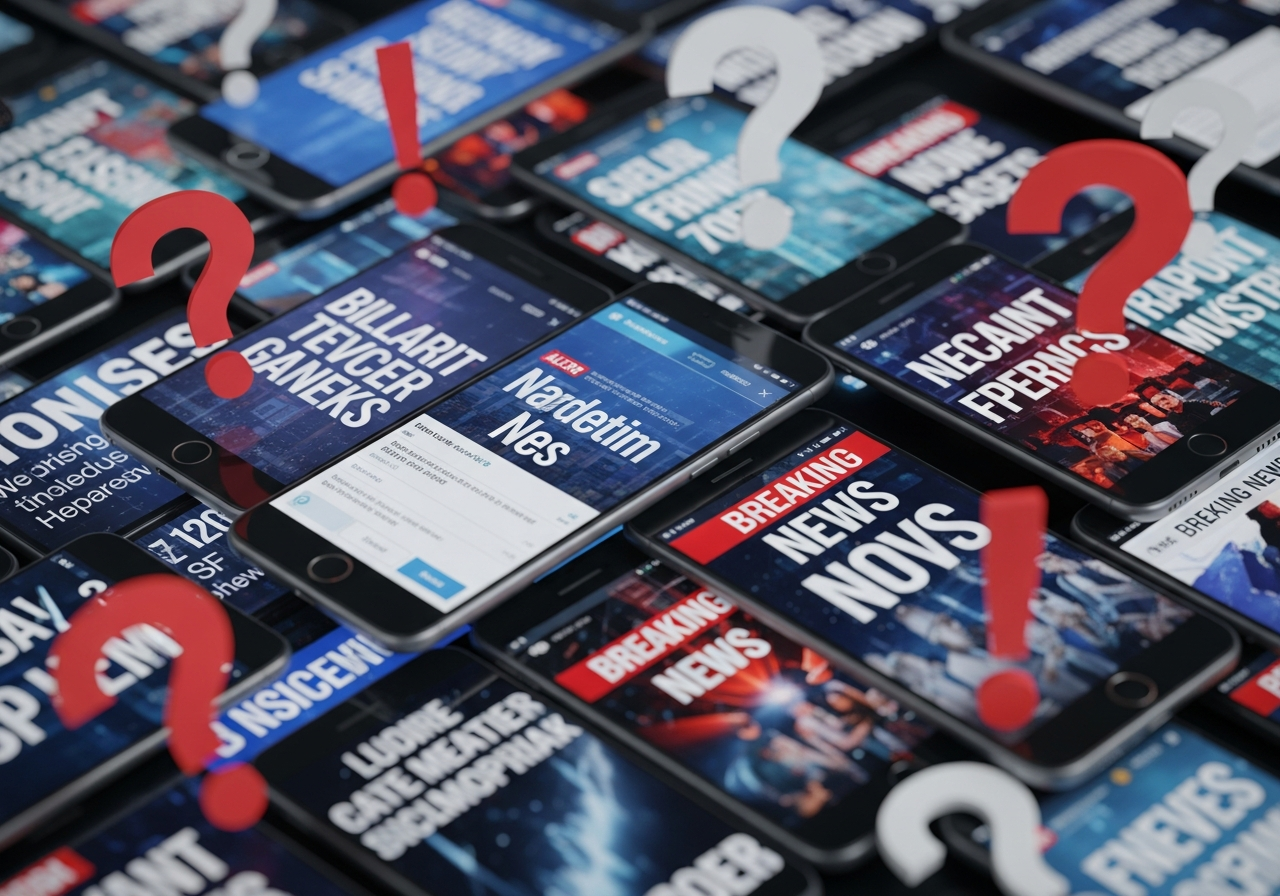 A chaotic collage of various digital screens, each displaying different, conflicting news headlines or social media posts, with question marks and exclamation points scattered around them, creating a sense of information overload and confusion.