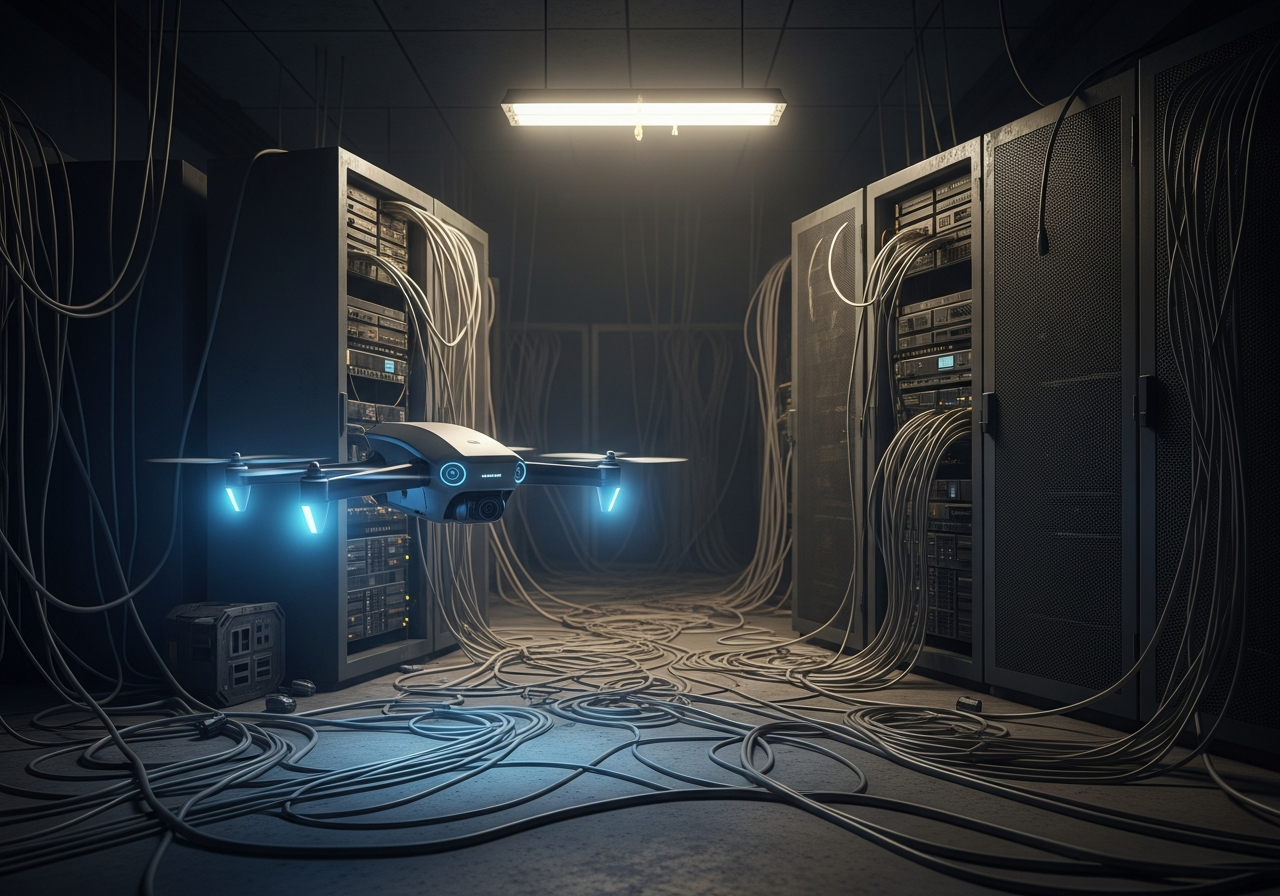 A dimly lit server room with old, dusty server racks, wires tangled like spaghetti, and a single, flickering fluorescent light. In contrast, a small, glowing, futuristic drone hovers in the foreground.