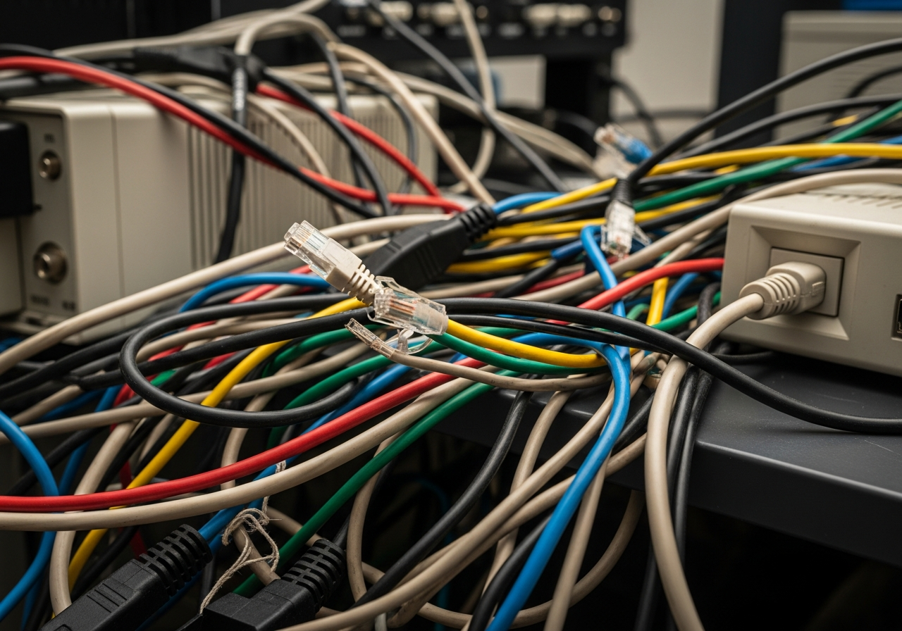 A close-up of a tangled mess of colorful ethernet cables and power cords behind a desk, some frayed, some connected to very old, bulky hardware.