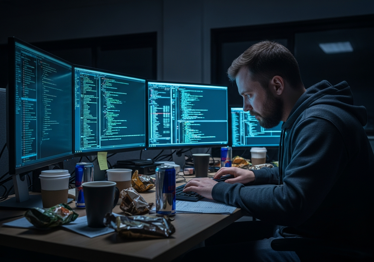 A single, weary programmer, face lit only by the glow of multiple monitors displaying complex, old-looking code, surrounded by empty coffee cups and snack wrappers.