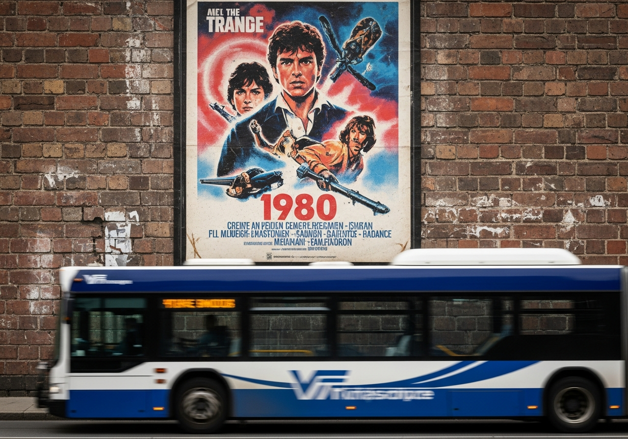A vintage, slightly pixelated movie poster from the 1980s, depicting a dramatic scene, hanging on a dusty brick wall. The colours are faded but still vibrant enough to catch the eye, contrasting with the modern, sleek city bus reflection passing by.