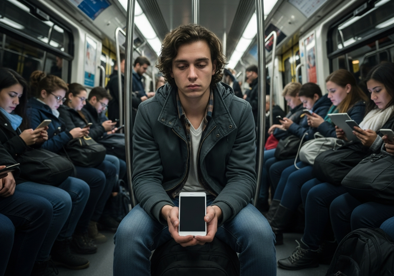 A person sitting on a crowded subway train, looking lost and disoriented, staring blankly at their dead phone screen. The other passengers around them are all absorbed in their own illuminated devices, creating a stark contrast.
