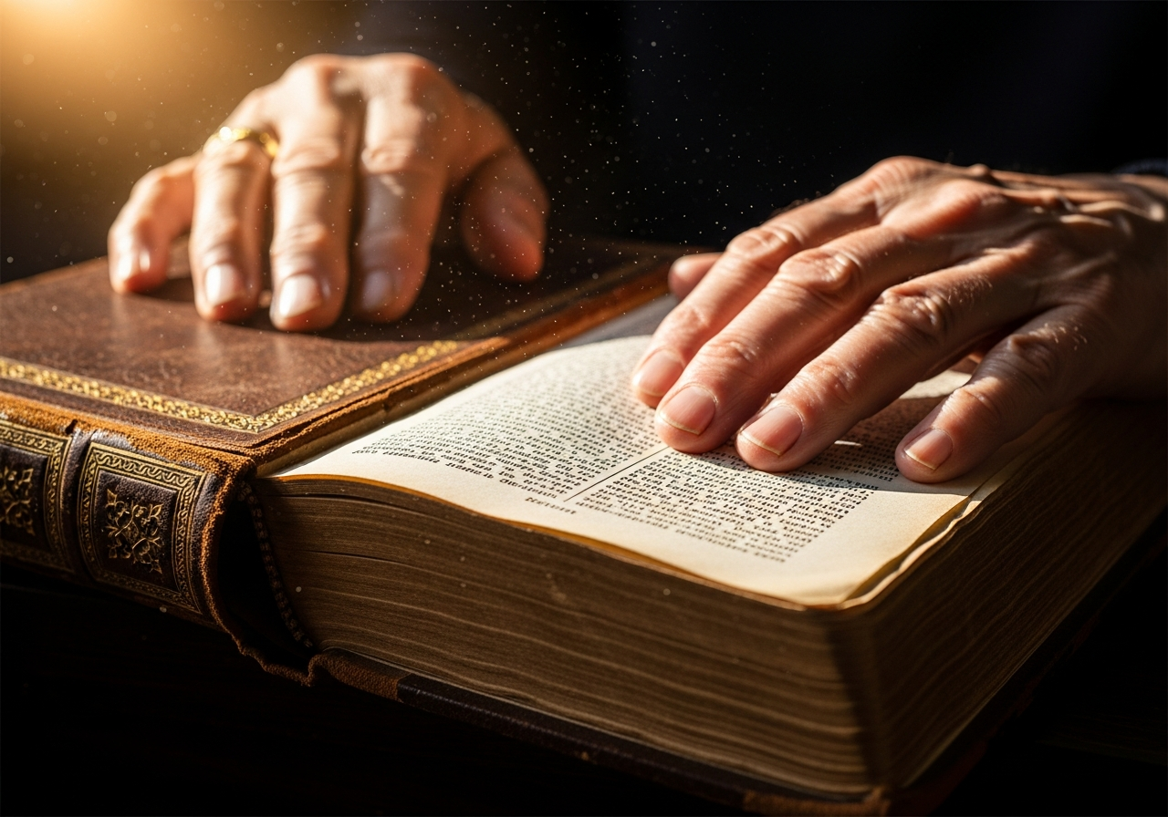 A close-up of an old, leather-bound book with yellowed pages, held open by a pair of weathered hands. Dust motes dance in a beam of sunlight illuminating the text, suggesting a long history and tangible presence.