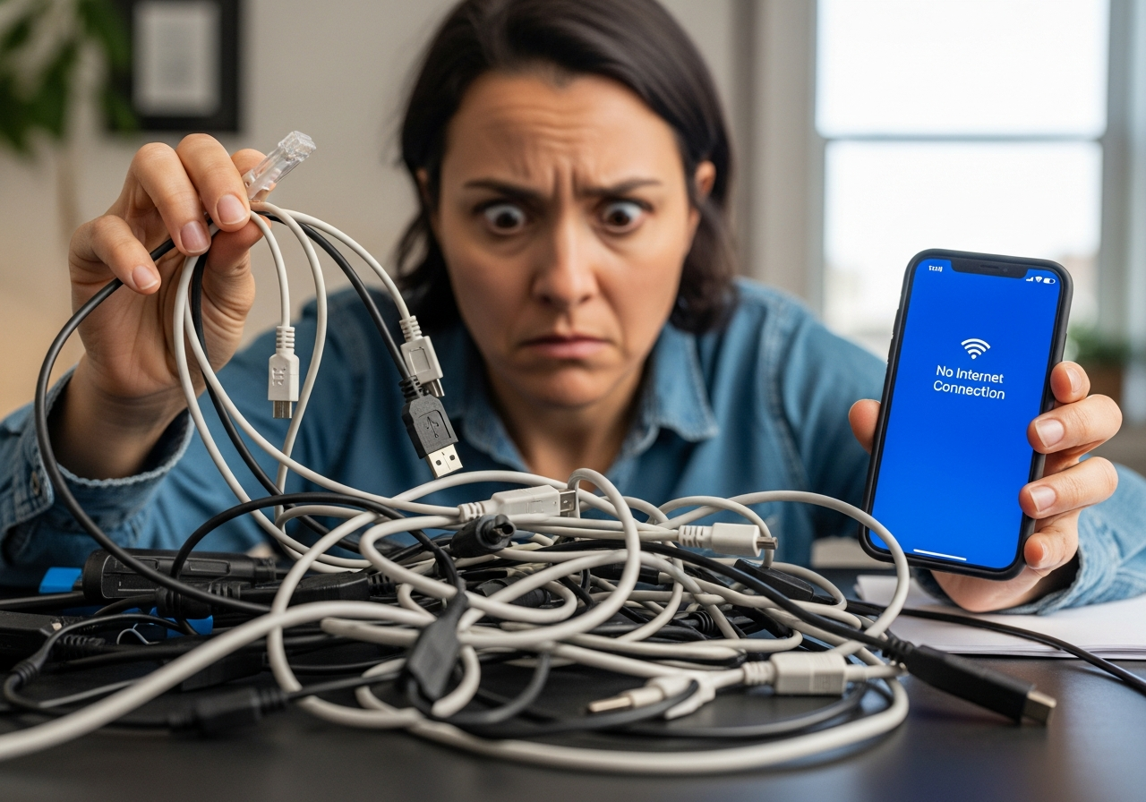 A person looking perplexed at a tangled mess of computer cables, with a smartphone in hand displaying a "no internet" error.
