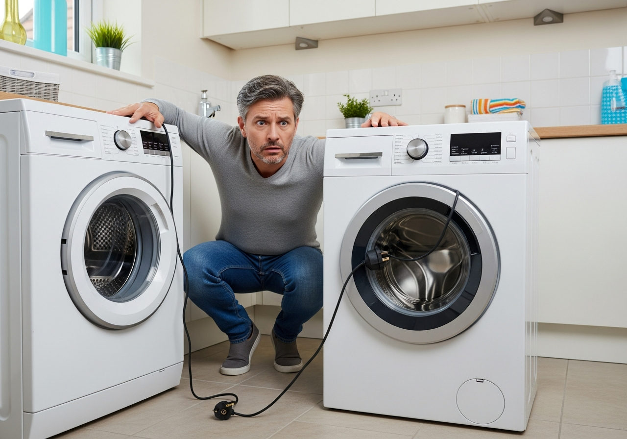 A puzzled person staring at a washing machine with its unplugged power cord hanging visibly, while a new washing machine box sits next to them.