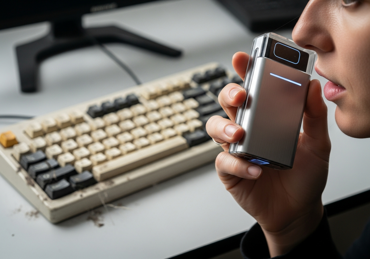 A person speaking into a futuristic, minimalistic device, while a dusty, old mechanical keyboard sits forgotten in the background.
