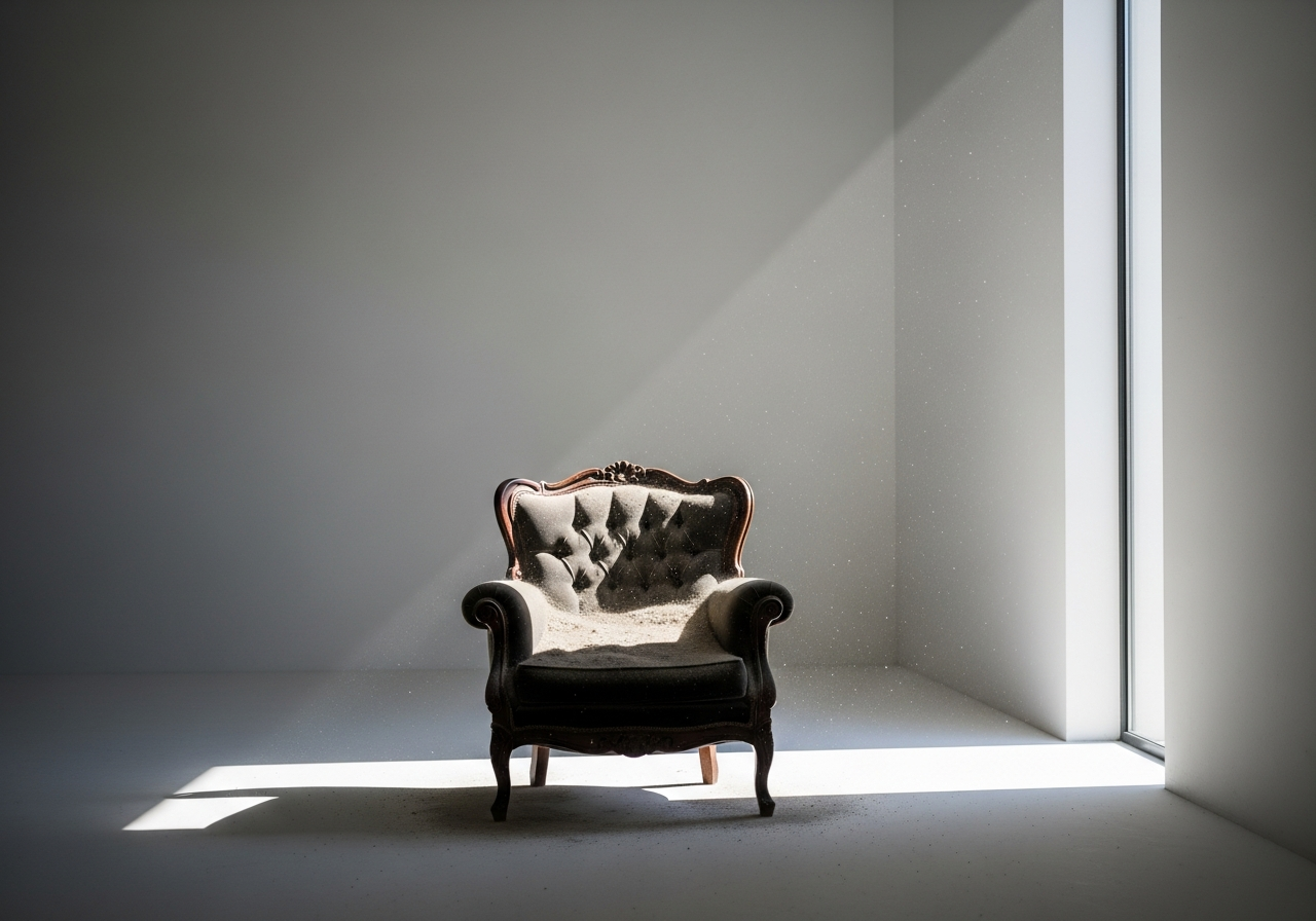 A lonely, old-fashioned armchair covered in dust, placed in the middle of a modern, stark white room with a single beam of harsh light coming through a window, symbolizing the past clinging to the present.