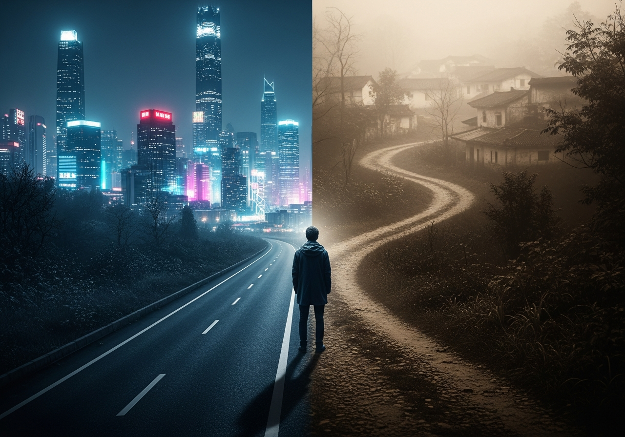 A person stands at a crossroads, one path clearly illuminated and leading forward into a futuristic city, while the other path is dark, overgrown, and winds back towards an idealized, sepia-toned village shrouded in mist, the person's back turned to the futuristic path.