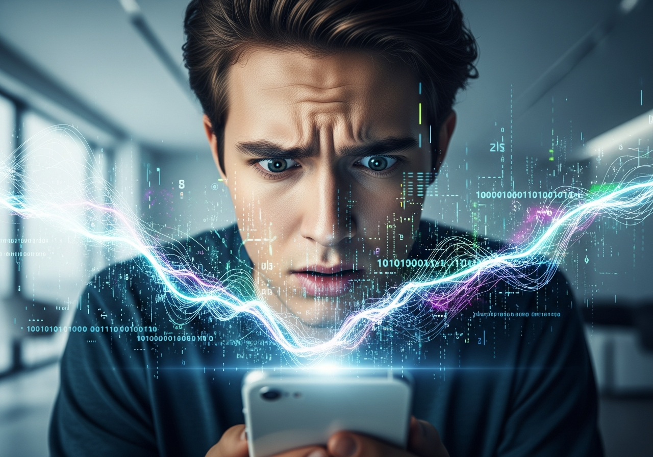 A person looking perplexed at a smartphone screen, with abstract, flowing digital data superimposed over their face, suggesting a deluge of information that is hard to discern as real or fake. The background is slightly out of focus, depicting a modern, minimalist room.