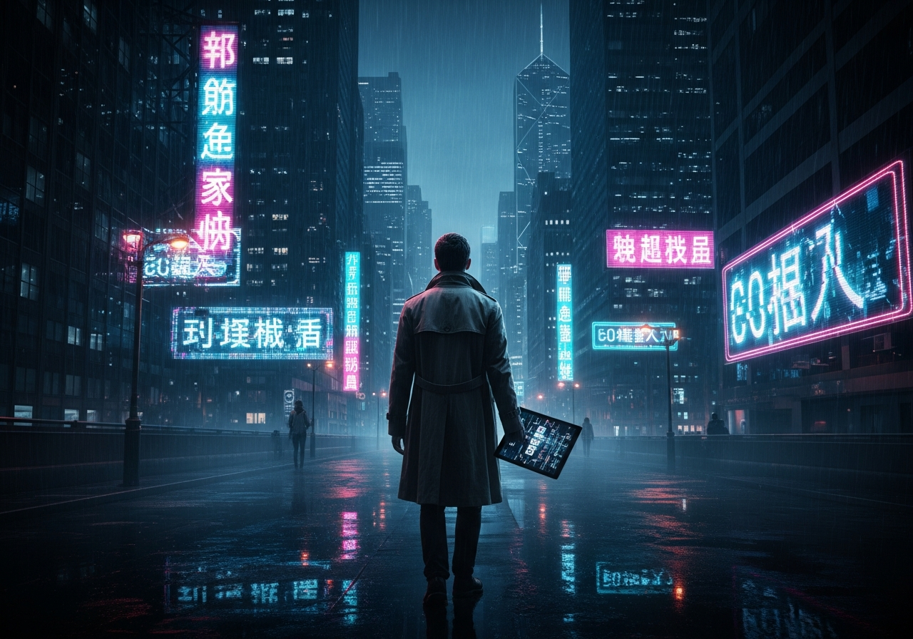 A dystopian cityscape at night, with glowing neon signs displaying fragmented and distorted text. In the foreground, a lone figure with a trench coat walks, their face obscured, holding a tablet that reflects more fragmented digital data, emphasizing confusion and solitude in a manipulated reality.