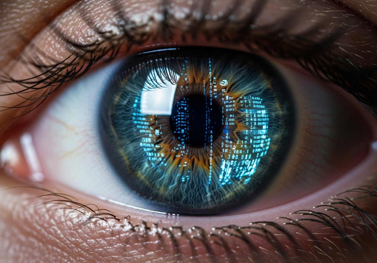 A close-up shot of a human eye, slightly unfocused, reflecting fragments of digital code and abstract patterns, symbolizing the struggle to perceive reality amidst digital interference. The pupil is dilated, suggesting confusion or deep thought.