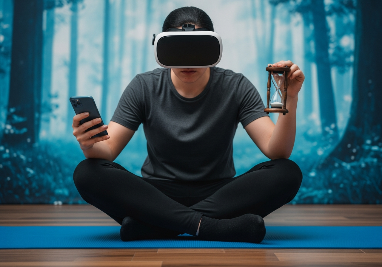 A person sitting cross-legged on a yoga mat, holding a smartphone with one hand and a small, antique hourglass in the other, looking conflicted. The background is a digital-looking forest.