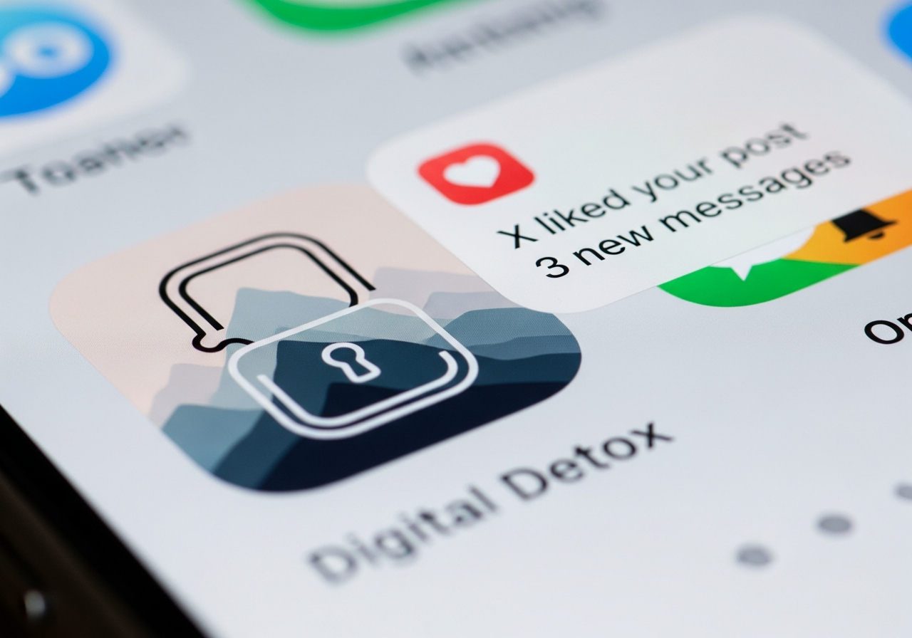 A smartphone screen showing a highly stylized "digital detox" app icon next to a notification pop-up for a social media app, creating a visual contradiction.